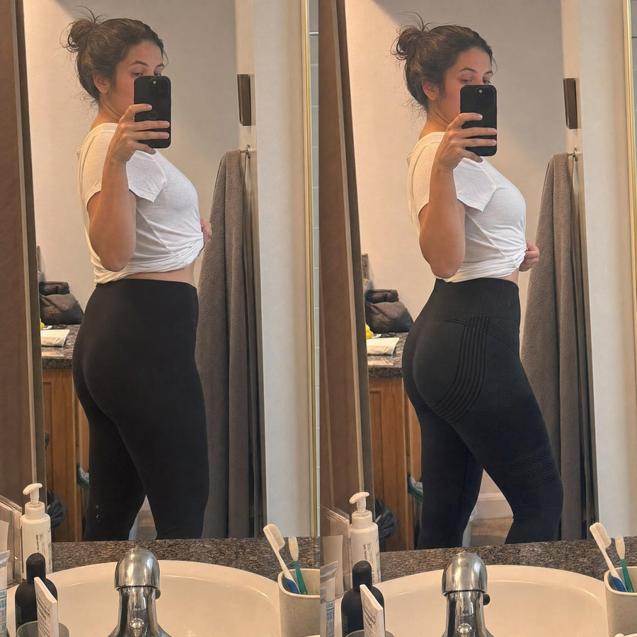 Customer wearing KIRAWear sculpting activewear for an everyday studio look